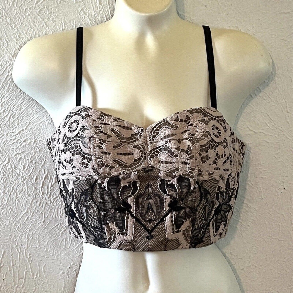 BCBG Maxazria Women Pearle Black Two-Tone Floral Lace Crop Bustier Lined Top XS